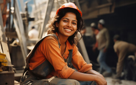 Portrait of woman construction worker. Happy at work. Women in construction concept.の素材