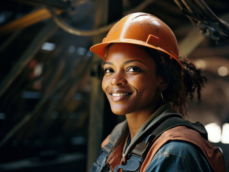 Construction worker woman standing in factory. Happy at work. Empowerment concept.の素材