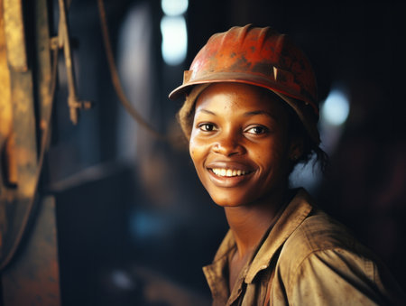 Young woman construction worker. Happy at work. Women in construction concept.の素材