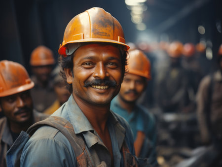Happy Indian construction site worker looking at camera smiling. Construction concept.の素材