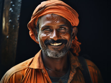 Happy Indian construction site worker looking at camera smiling. Construction concept.の素材