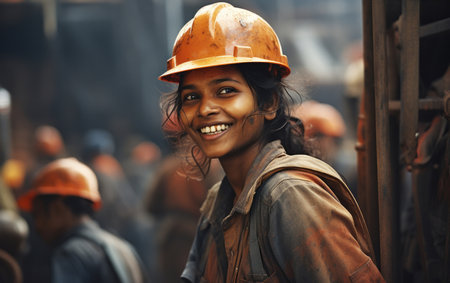 Young woman construction worker. Happy at work. Women in construction concept.の素材