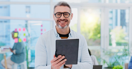 Tablet, business man and face with startup web design and internet search for digital planning. Male person, online page designer and smile with success and leadership management with technologyの写真素材