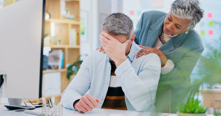 Stress, businessman and woman console in office with support for depression, mental health and anxiety for work deadline. Debt, brain fog and manager with empathy for frustrated man with problem or cの写真素材