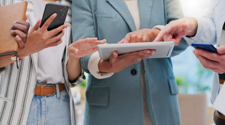 Hands pointing, tablet and collaboration of business people work on research report, online results...