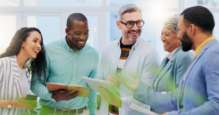 Team leader, tablet pr business people teamwork, laugh or reading funny feedback, online joke or...