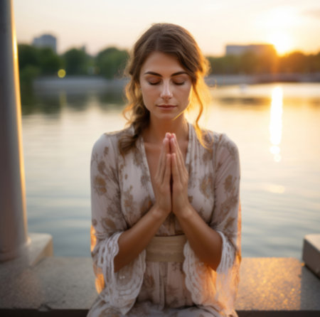 Prayer, woman on knees praying. Lake and sunset in background. Religion concept.の素材