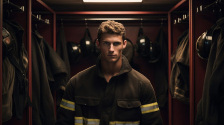 Portrait of young firefighter standing in locker room. Search and rescue safety conceptの素材
