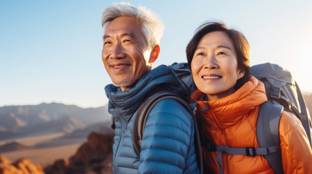 Senior couple hiking travel lifestyle. Healthy active retirement on vacationの素材