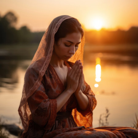 Prayer, woman on knees praying. Lake and sunset in background. Religion concept.の素材