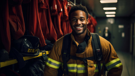 Portrait of black firefighter standing in locker room. Search and rescue safety conceptの素材