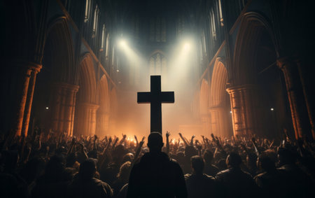 Bold cross silhouette in middle of crowded church. Religion concept.の素材