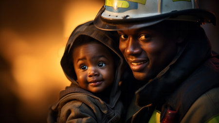 Happy firefighter holding child. Safety, brave rescue, survivor conceptの素材