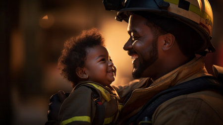 Happy firefighter holding child. Safety, brave rescue, survivor conceptの素材