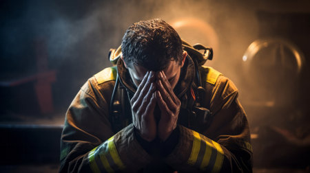 Firefighter praying. Safety, protection, faith and religion conceptの素材