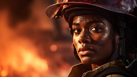 Portrait of firefighter with fire background. Search and rescue safety conceptの素材