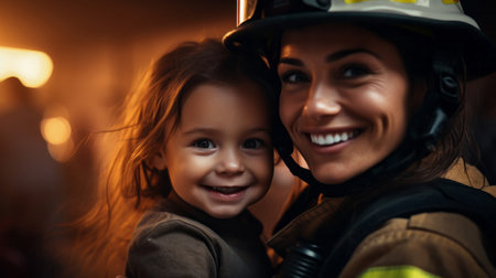 Happy firefighter holding child. Safety, brave rescue, survivor conceptの素材