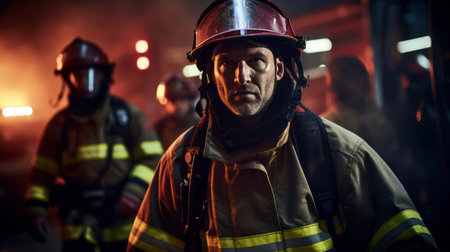 Group of firefighters after fire. Brave teamwork for fire safety and community protectionの素材