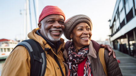 Happy retired senior couple in city. Fun travel explore activityの素材