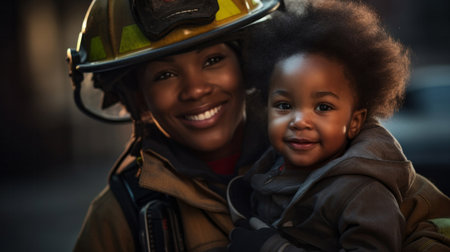 Happy firefighter holding child. Safety, brave rescue, survivor conceptの素材