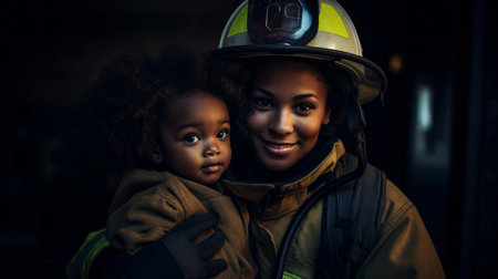 Happy firefighter holding child. Safety, brave rescue, survivor conceptの素材