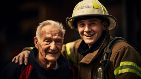 Happy firefighter with senior citizen Safety, brave rescue, survivor conceptの素材