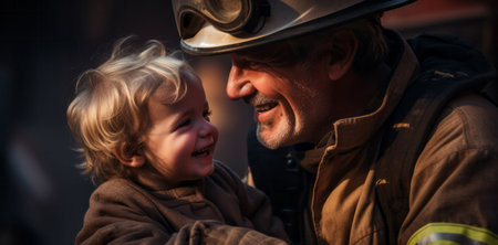 Happy firefighter holding child. Safety, brave rescue, survivor conceptの素材