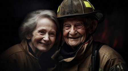 Happy senior firefighter with partner. Service, brave rescue, retirement conceptの素材