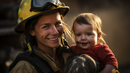 Happy firefighter holding child. Safety, brave rescue, survivor conceptの素材