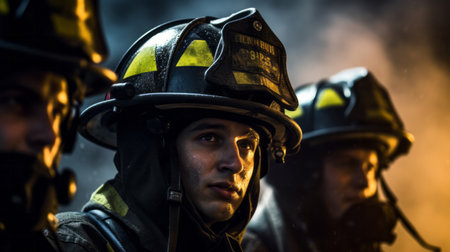 Group of firefighters after fire. Brave teamwork for fire safety and community protectionの素材