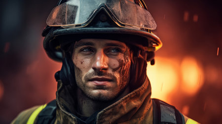 Portrait of firefighter with fire background. Search and rescue safety conceptの素材