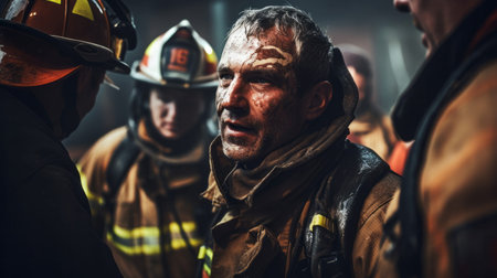 Injured firefighter with group. Brave teamwork for fire safety and community protectionの素材