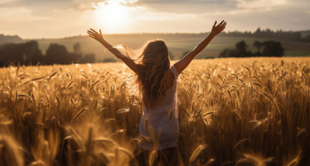Woman worshiping hands raised to the sunset in open field. Religion concept.の素材