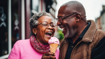 Happy retired senior couple with icecream in city. Fun travel activityの素材
