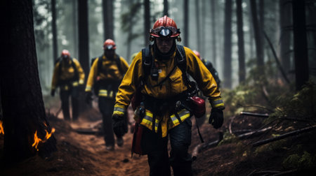 Group of firefighters walking in forest after fire. Global warming, natural disaster emergencyの素材