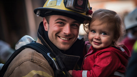 Happy firefighter holding child. Safety, brave rescue, survivor conceptの素材