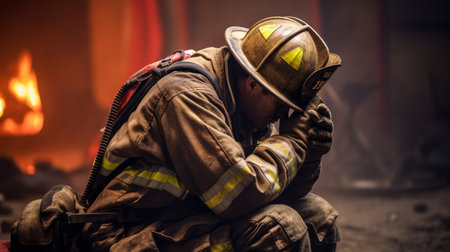 Firefighter praying. Safety, protection, faith and religion conceptの素材