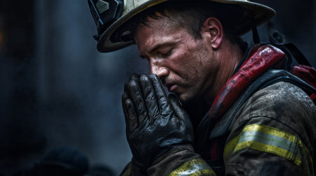 Firefighter praying. Safety, protection, faith and religion conceptの素材
