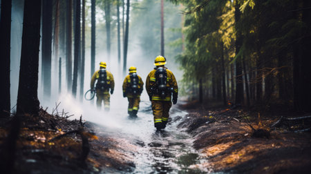 Group of firefighters walking in forest after fire. Global warming, natural disaster emergencyの素材