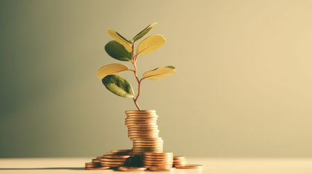 Plants growing on a pile of coins. Finance, banking and investment concept.の素材