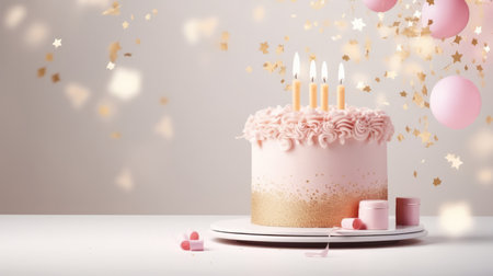 Close-up shot of a decorated birthday cake. Beautiful cake for anniversary or celebrationの素材