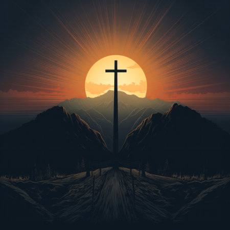 Graphic illustration of cross in front of setting sun. Religion concept.の素材