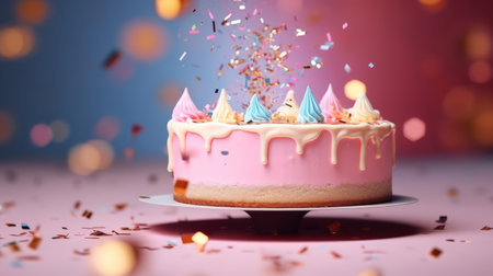 Close-up shot of a decorated birthday cake. Beautiful cake for anniversary or celebrationの素材