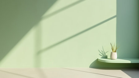 Green empty wall with shadows and light. Minimal abstract background for product presentationの素材