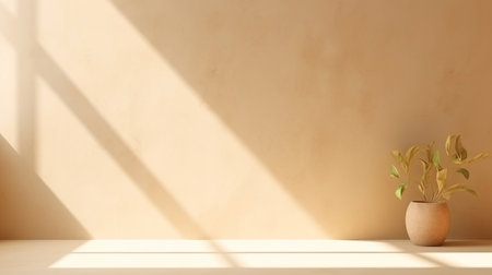 Beige empty wall with shadows and light. Minimal abstract background for product presentationの素材