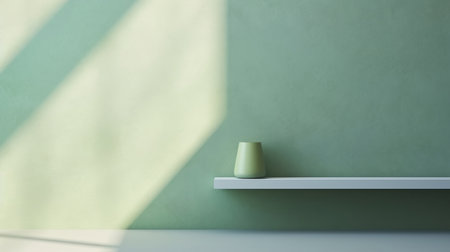 Green empty wall with shadows and light. Minimal abstract background for product presentationの素材