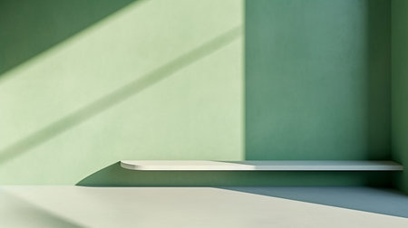 Green empty wall with shadows and light. Minimal abstract background for product presentationの素材