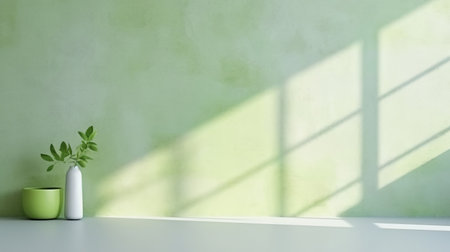 Green empty wall with shadows and light. Minimal abstract background for product presentationの素材