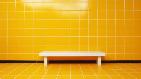 Yellow ceramic tile wall or floor with bench background. Design wallpaper copyspaceの素材