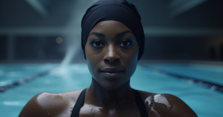 Portrait of female swimmer in a pool. Fit athlete training for competitionの素材